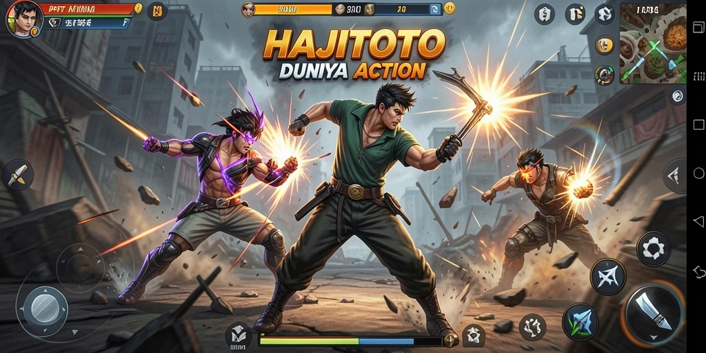 Tangkapan layar HAJITOTO menampilkan aksi bertarung yang intens di arena.