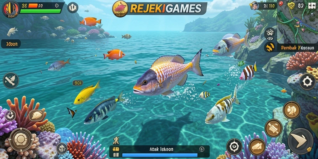 Screenshot gameplay REJEKIGAMES menampilkan aksi menembak ikan yang dinamis.