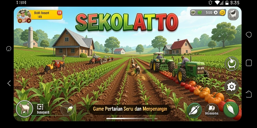 Tampilan gameplay SEKOLAHTOTO yang menampilkan aktivitas bertani yang seru.