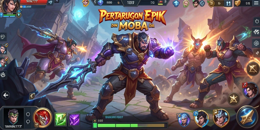 Screenshot utama WIN777 menampilkan aksi pertarungan tim di arena MOBA.